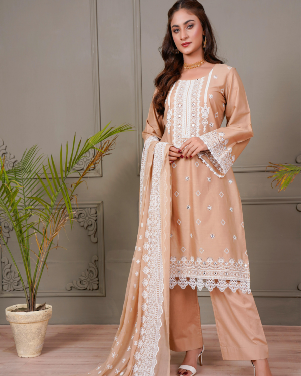 Women Peach Kurta with Embellishment Trouser and Pant with Dupatta