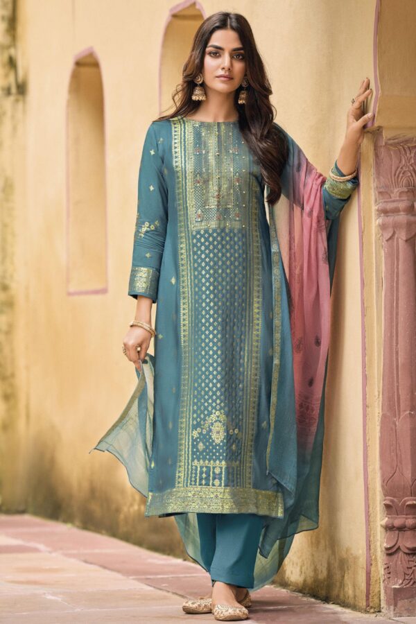 Women Teal Kurta and Pant with Teal and Pink color Dupatta