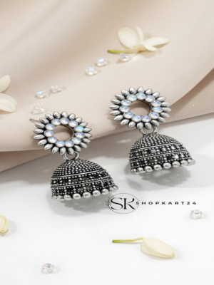 Crystal Stone Oxidised Silver Jhumki Earrings for Women