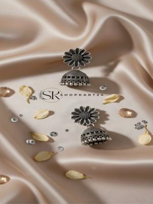 Floral Design Oxidised Silver Jhumki Earrings