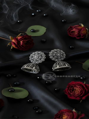Floral Design Oxidised Silver Jhumki for Women