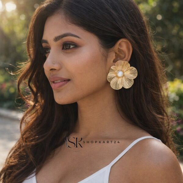 Golden Fashion Pearl Metal Flower Earrings