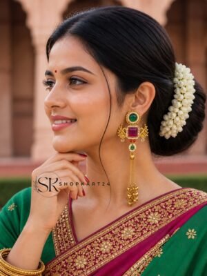 Maroon Green Stone Peacock Kashmiri Earring