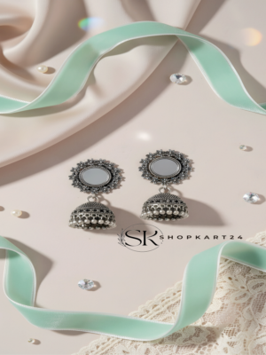 Mirror Work Oxidised Silver Jhumki Earrings for Women