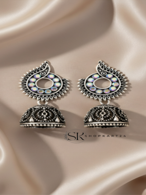 Oval Round Traditional Oxidised Silver Jhumki Earrings for Women