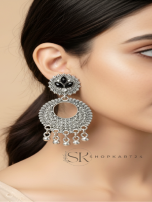 Oxidised Silver Black Stone Circular Drop Earrings