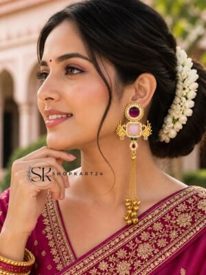 Pink Stone Peacock Kashmiri Earring