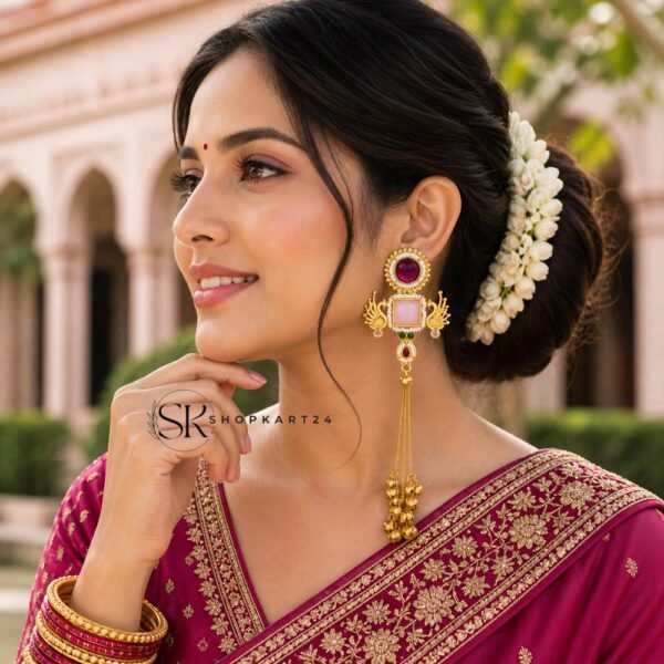 Pink Stone Peacock Kashmiri Earring