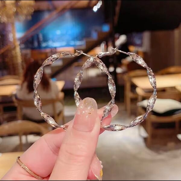 Twisted Leaf-Pattern Silver Hoop Earrings